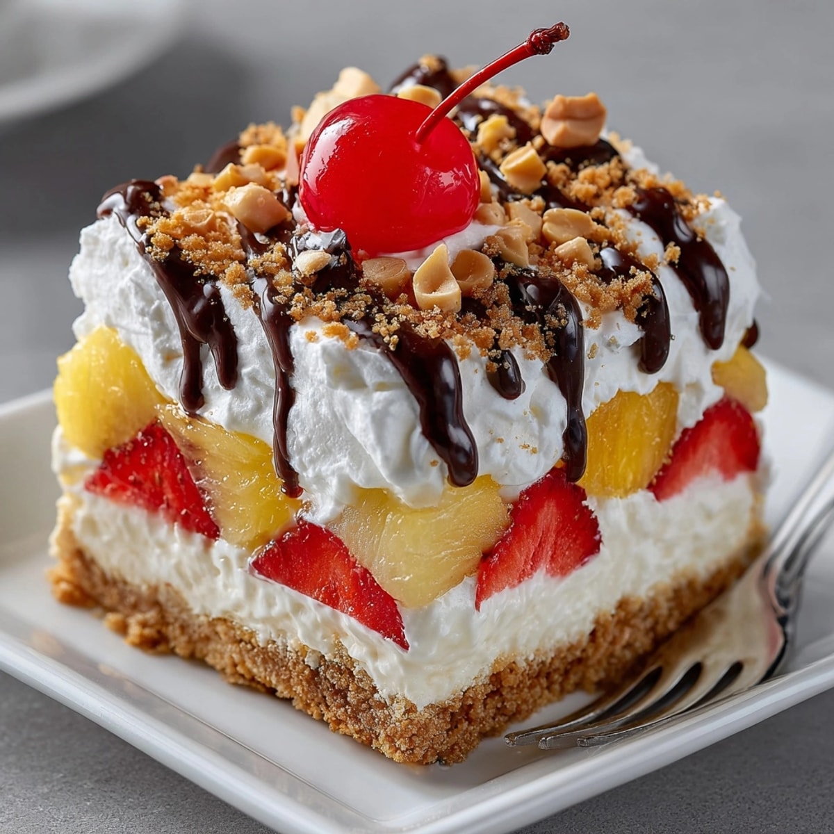 Banana Split Icebox Pudding Bars topped with whipped cream, cherries, and chocolate drizzle for summer parties