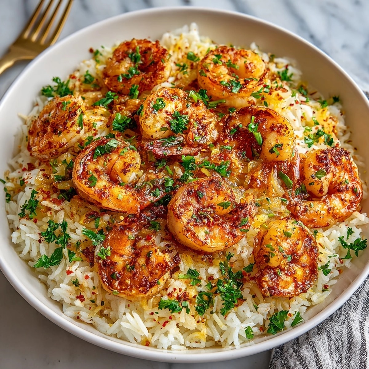 Close-up of juicy garlic butter shrimp nestled atop fluffy rice bake, sprinkled with fresh parsley.