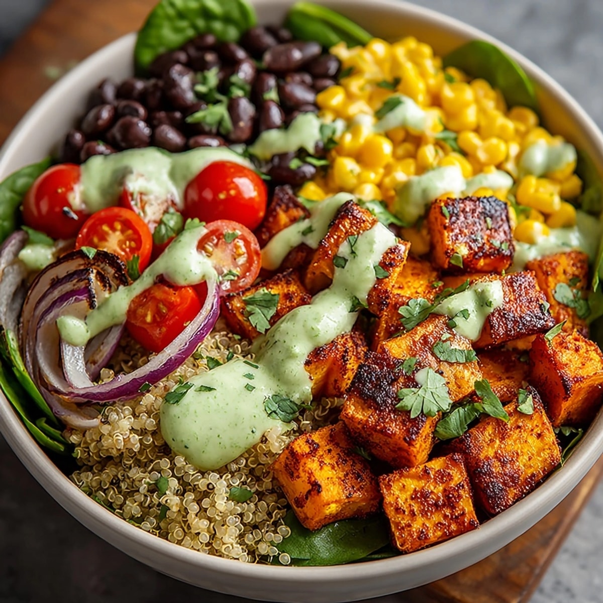 Sweet Potato Black Bean Power Bowls with Avocado Crema arranged in vibrant, colorful layers.