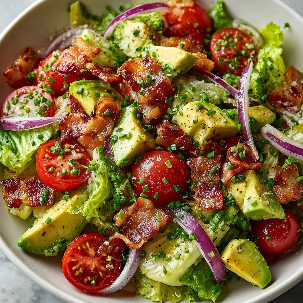 Colorful Avocado BLT Salad with Citrus Vinaigrette served fresh in a large bowl