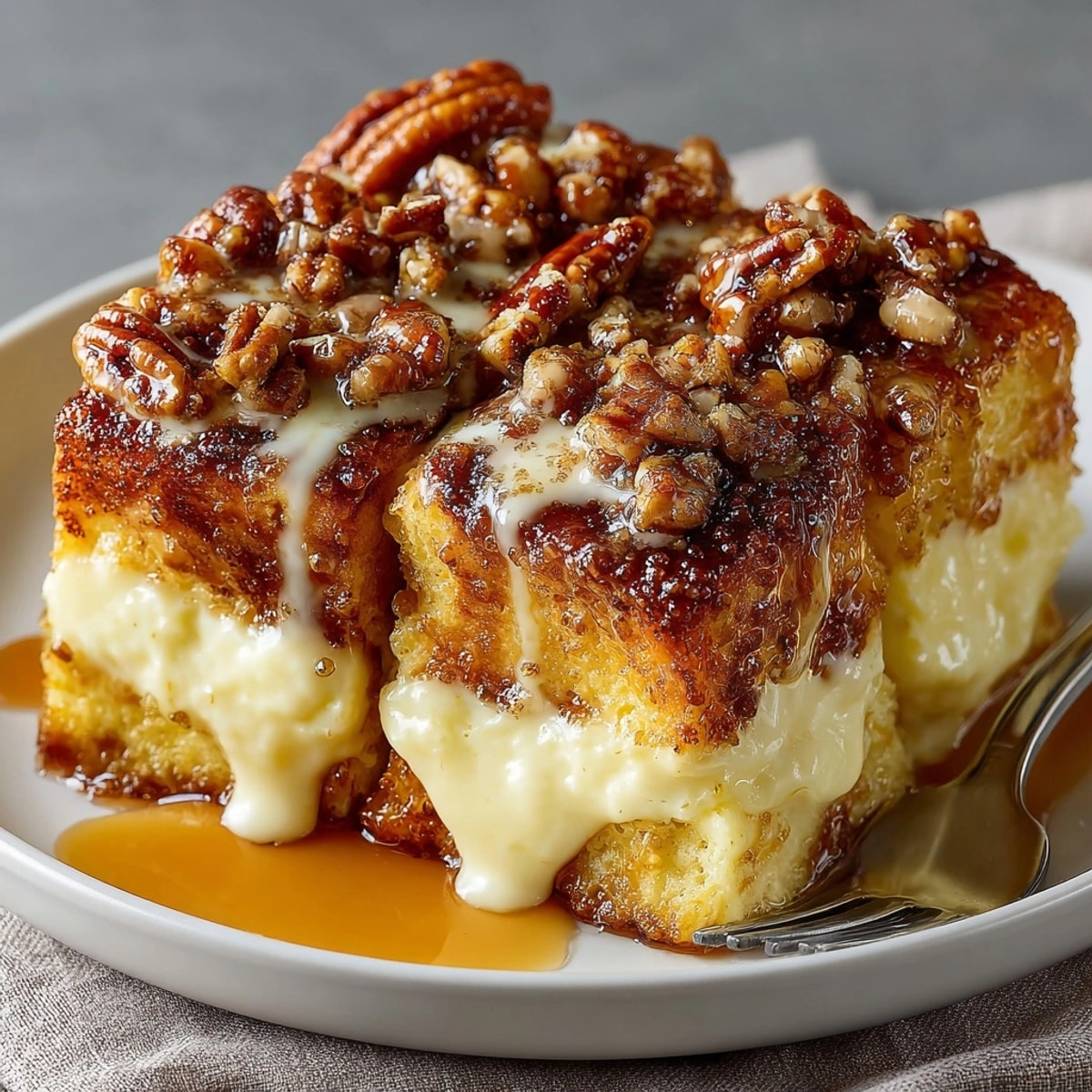 Maple-Pecan Overnight French Toast Bake served golden brown with crunchy pecan topping and maple drizzle.