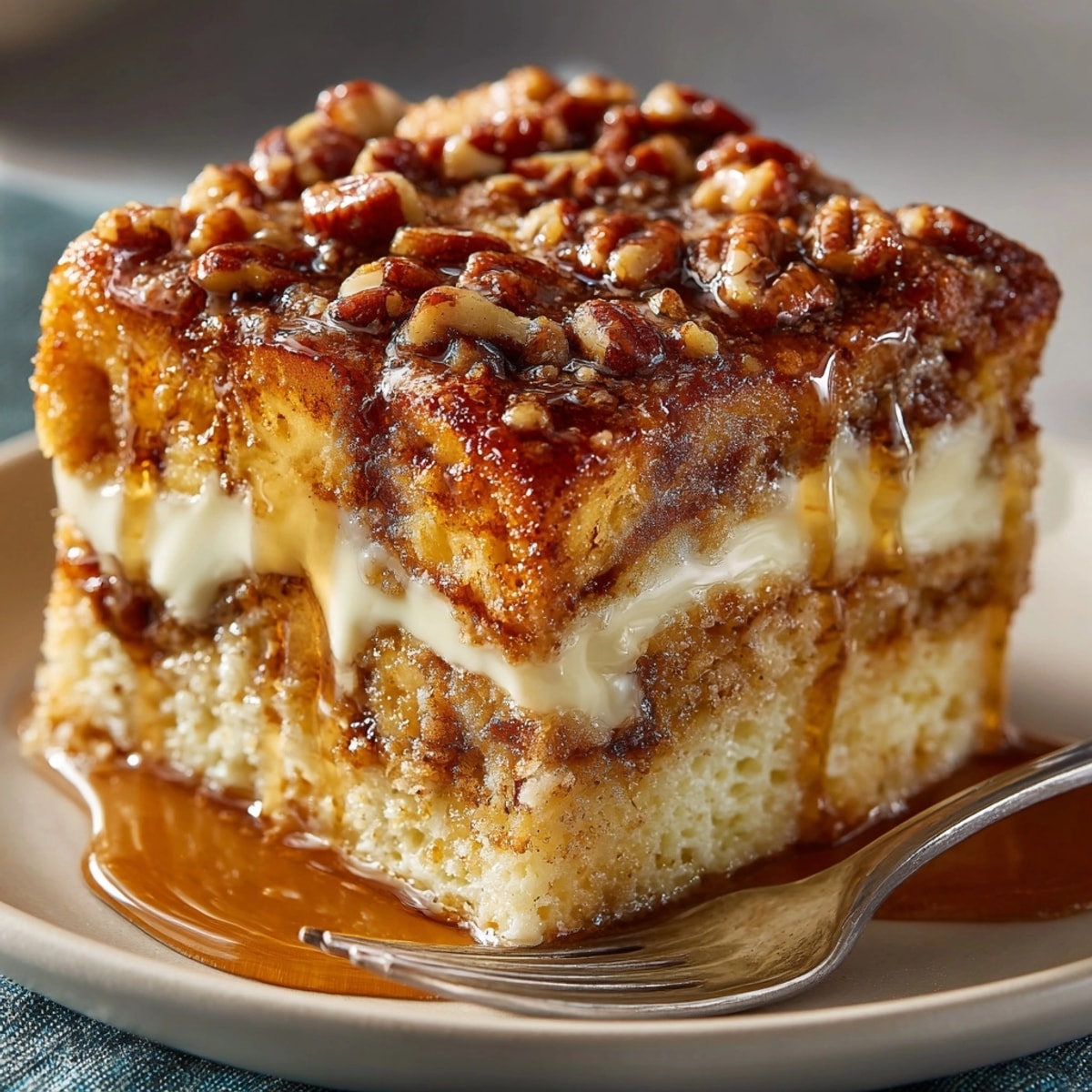 Close-up of Maple-Pecan Overnight French Toast Bake showing rich custard-soaked brioche and toasted pecans.