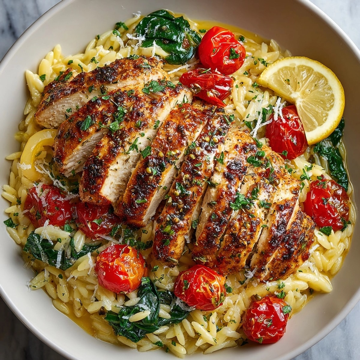 Lemon Herb Chicken Orzo Skillet with golden chicken and creamy pasta in a vibrant skillet scene