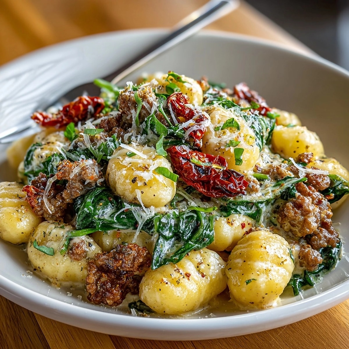 Skillet Tuscan Sausage Gnocchi topped with golden Parmesan and vibrant baby spinach in creamy sauce