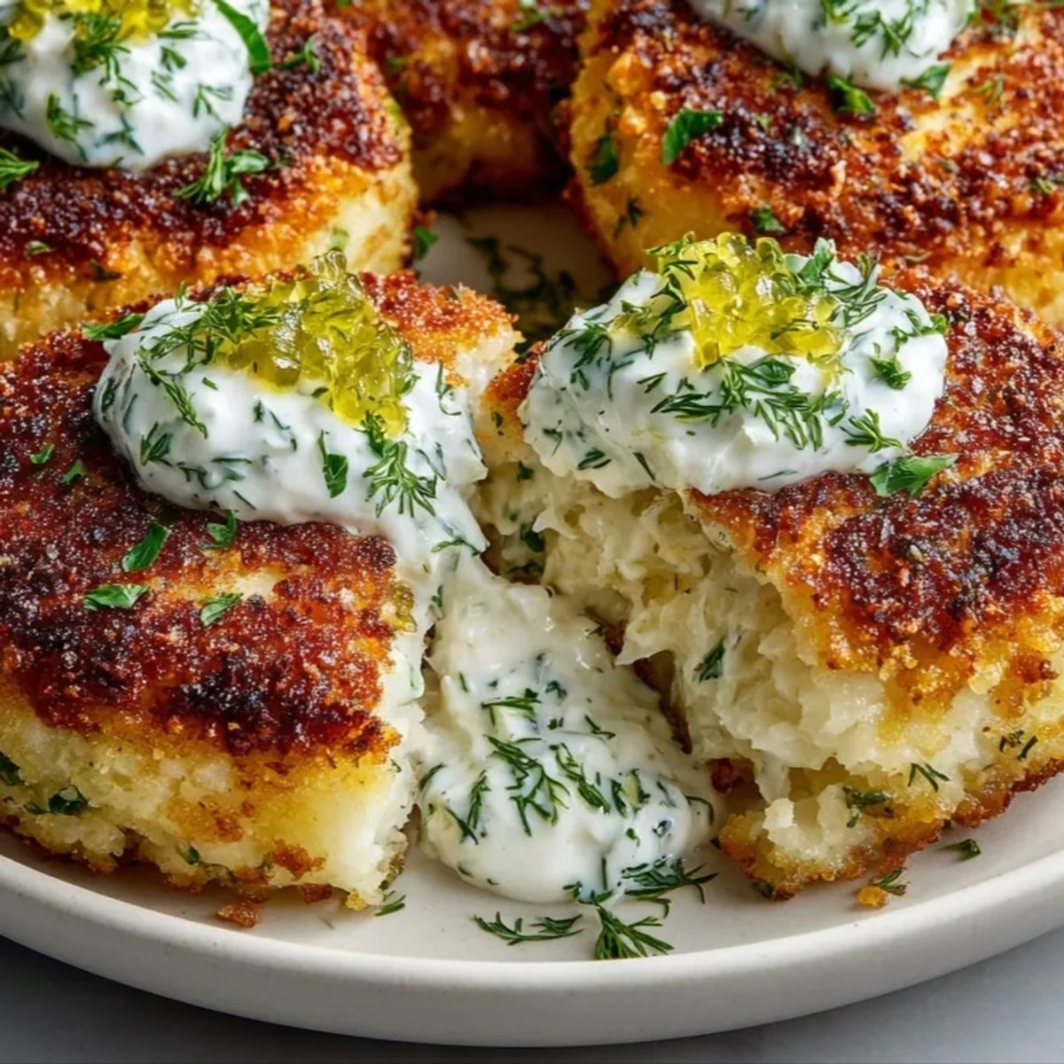 Crispy Cod Cakes with Lemon-Dill Tartar served on a platter with fresh herbs and sauce.