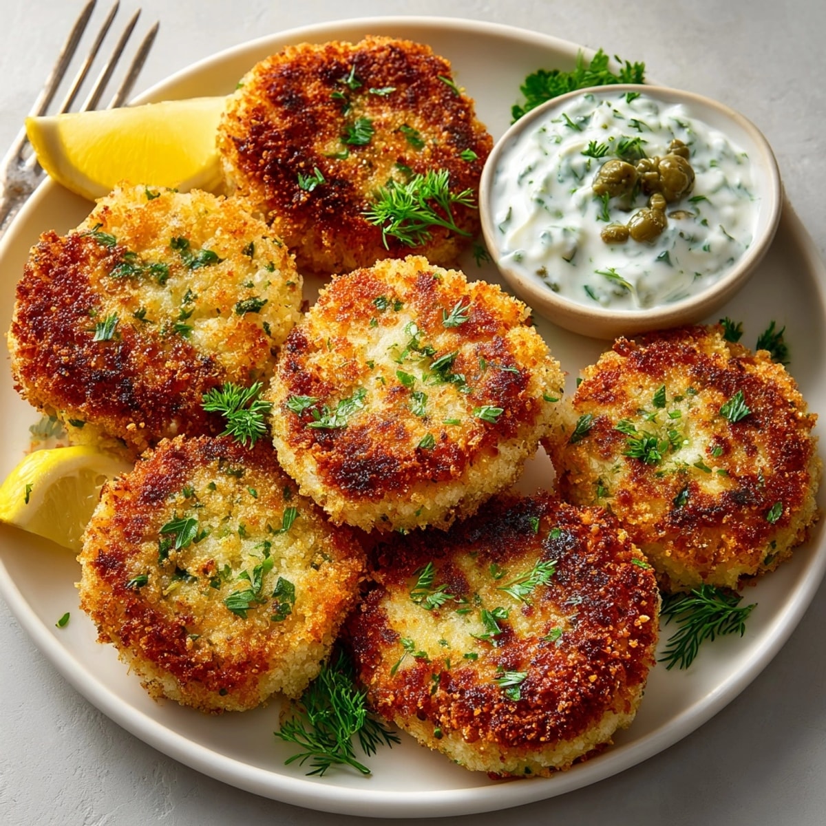 Closeup of flaky crispy cod cakes with creamy lemon-dill tartar sauce, garnished with parsley.