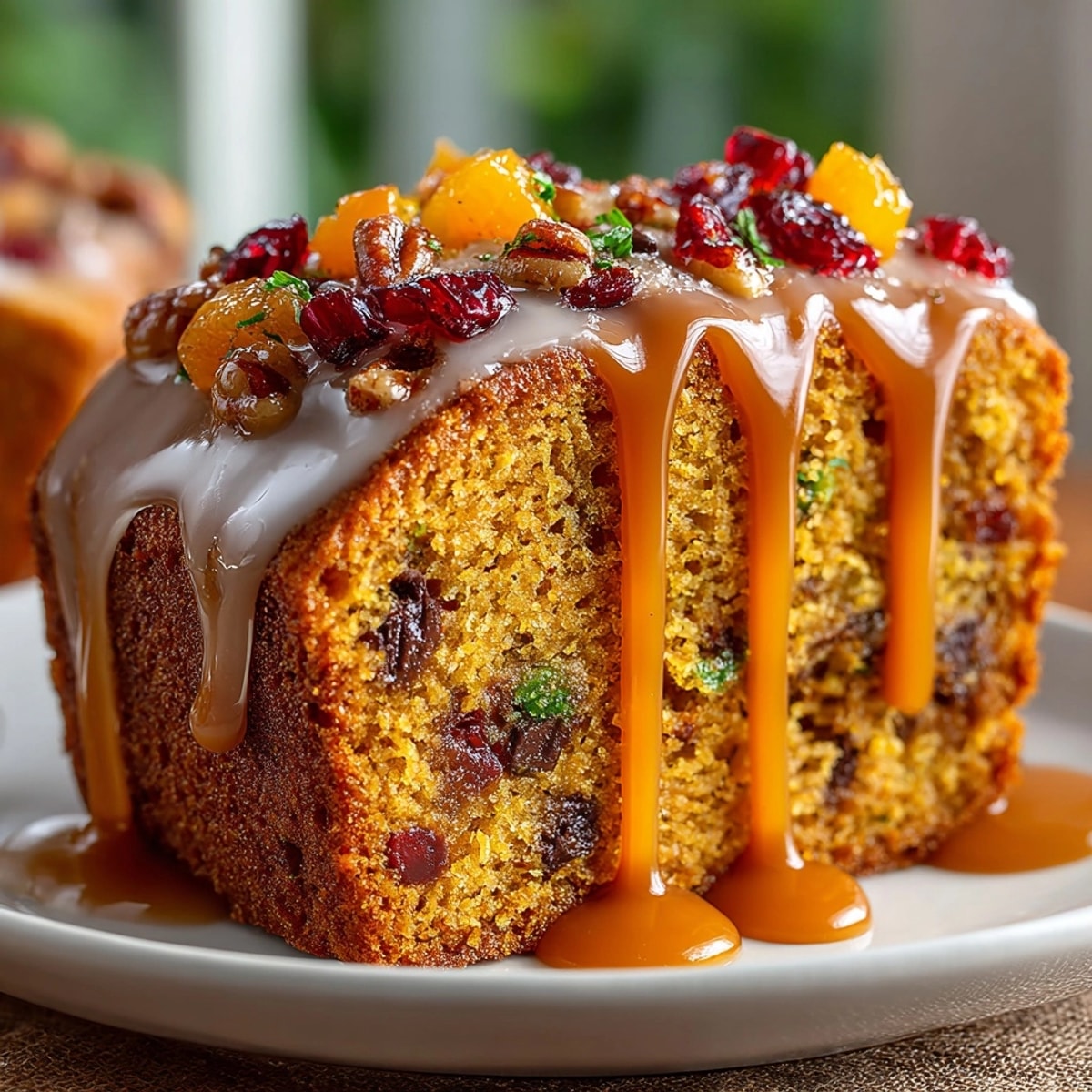 Pumpkin Spice Chaos Cake sliced and drizzled with orange glaze, showing nuts and chocolate.