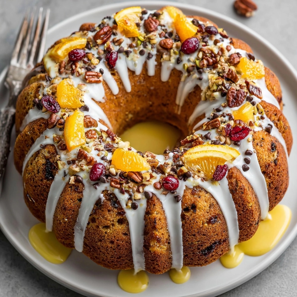 Freshly baked Pumpkin Spice Chaos Cake on a cooling rack, bursting with autumn spices and mix-ins.