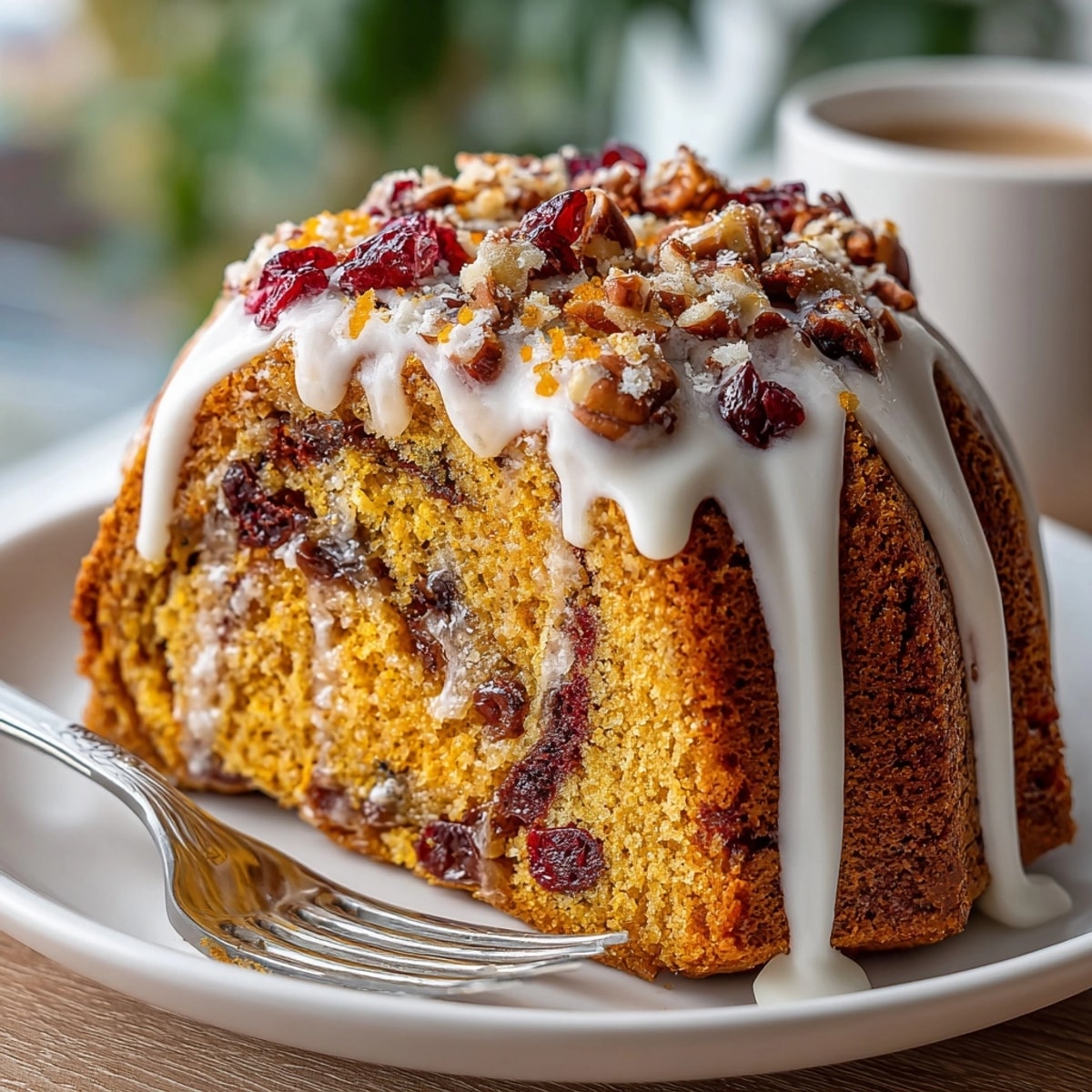 Pumpkin Spice Chaos Cake topped with glossy glaze, served on a plate with whipped cream.