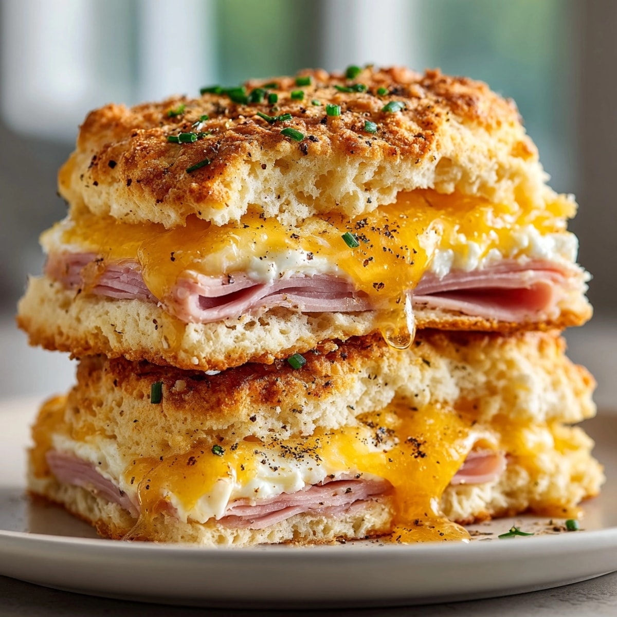 Golden buttermilk biscuit breakfast sliders with ham and honey, melted cheese oozing, served warm for brunch.