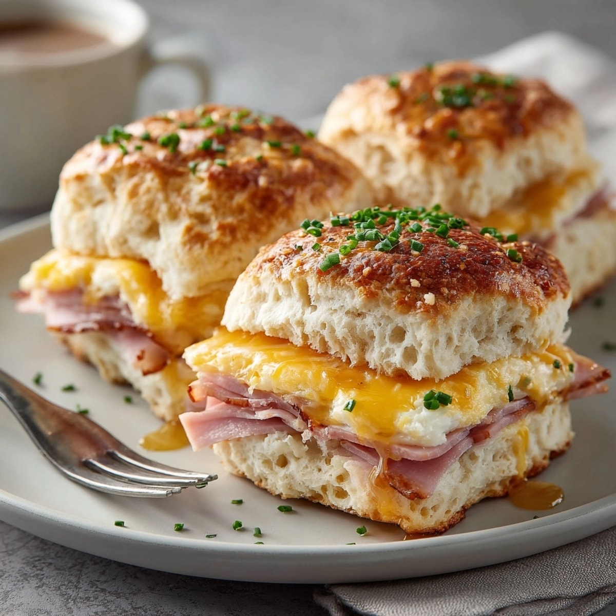 Close-up of buttermilk biscuit breakfast sliders with ham and honey, cheddar layers glistening under melted butter.