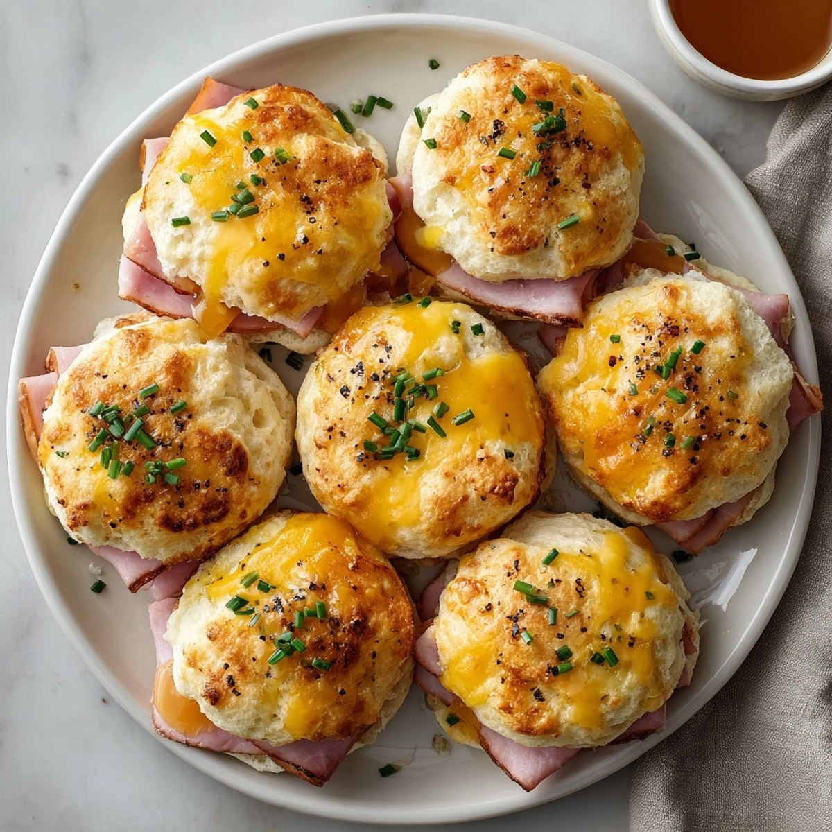 Warm buttermilk biscuit breakfast sliders with ham and honey, garnished with fresh chives for a savory-sweet bite.