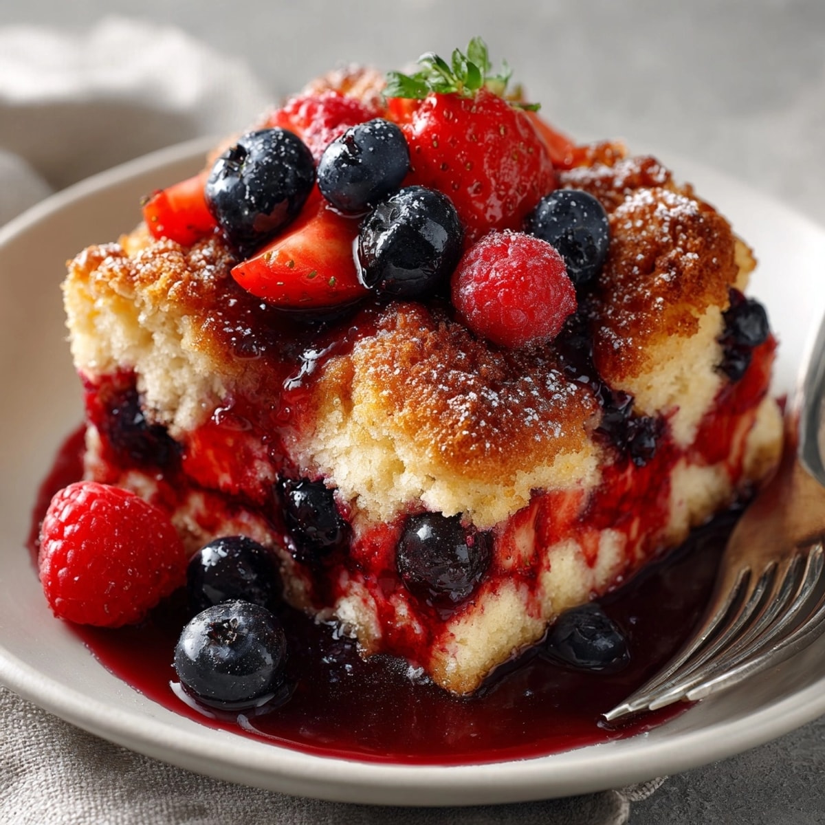 A serving of Red, White, & Blueberry Cobbler topped with vanilla ice cream for a patriotic dessert