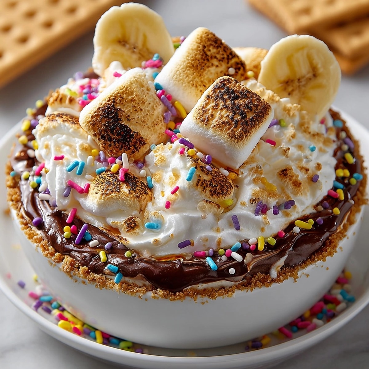 Gooey Firework S’mores Dip in skillet topped with golden marshmallows and colorful popping candy.