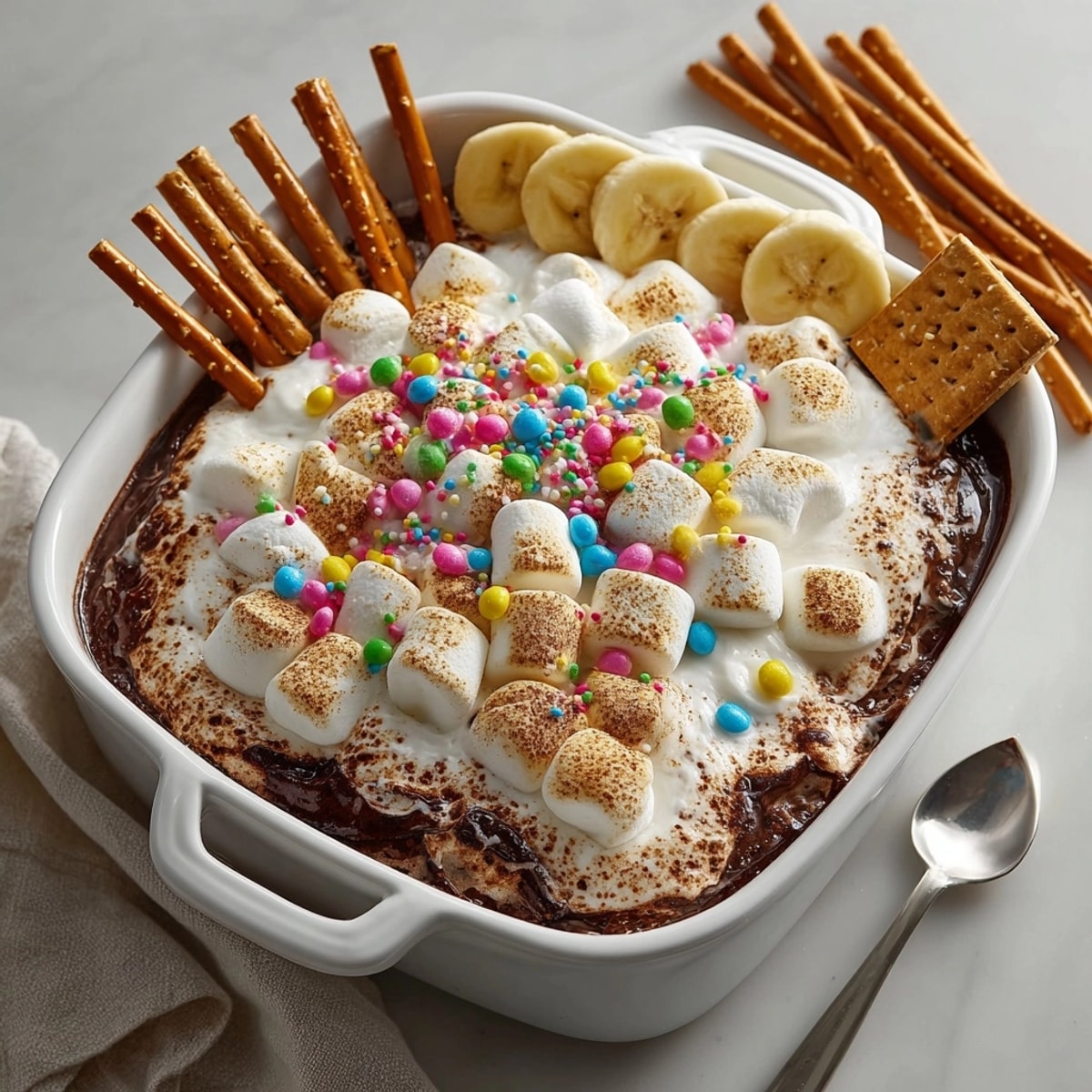 Firework S’mores Dip fresh from the oven, marshmallow tops crackling with festive candy, ready to serve.