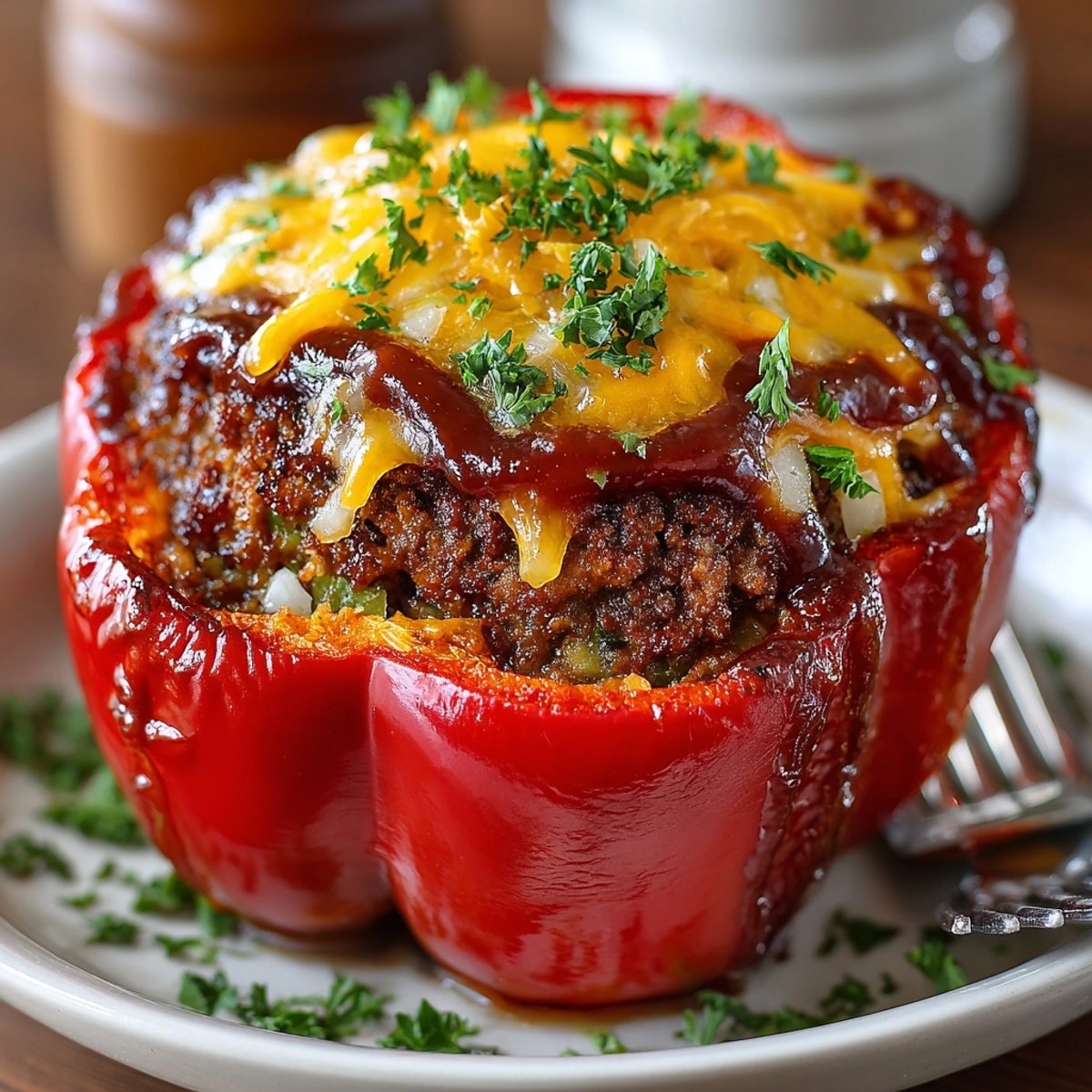 Smoky BBQ Meatloaf Stuffed Peppers baked with melted cheddar cheese and fresh parsley garnish.