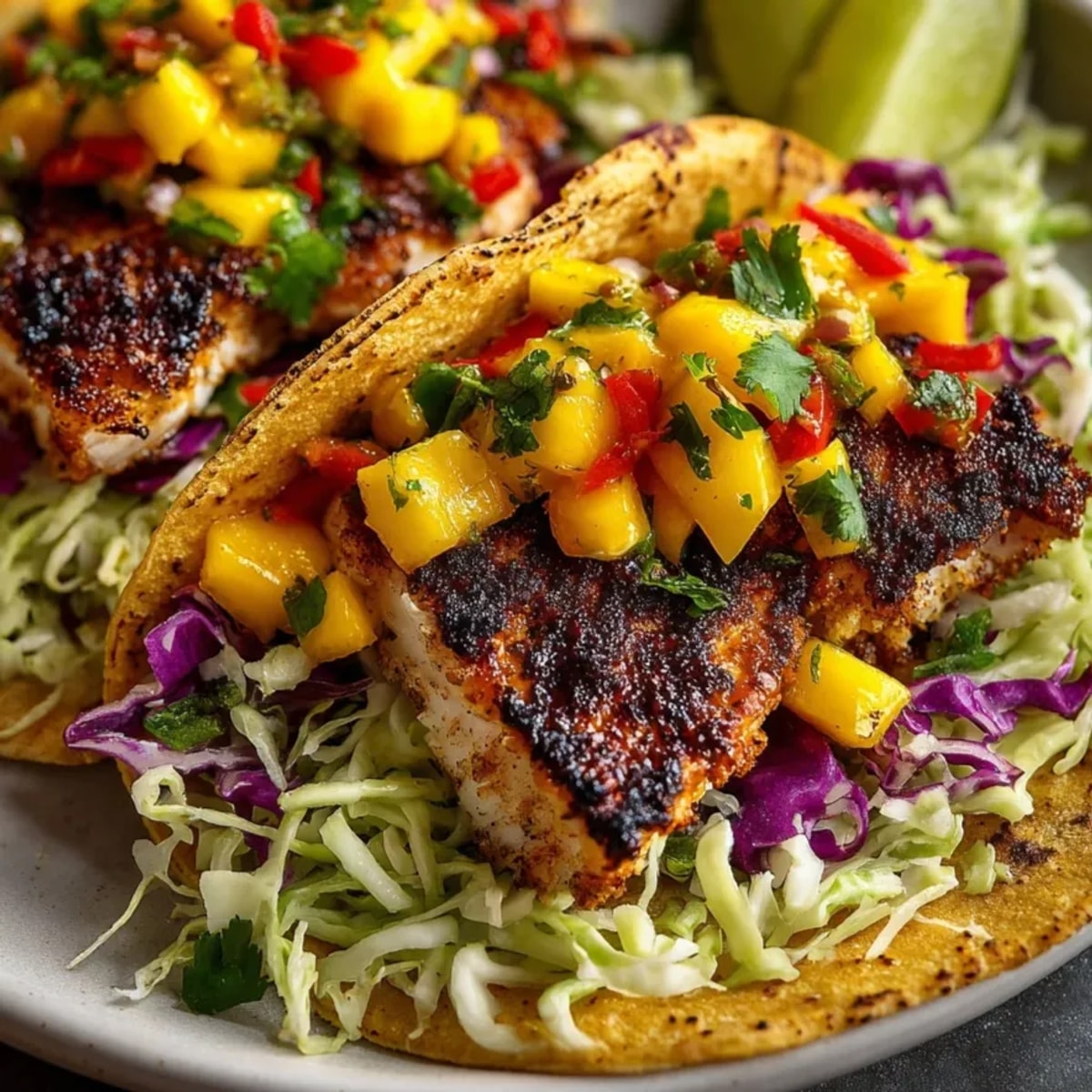 Grilled Fish Tacos with Mango Salsa served on warm tortillas with fresh cabbage and lime.