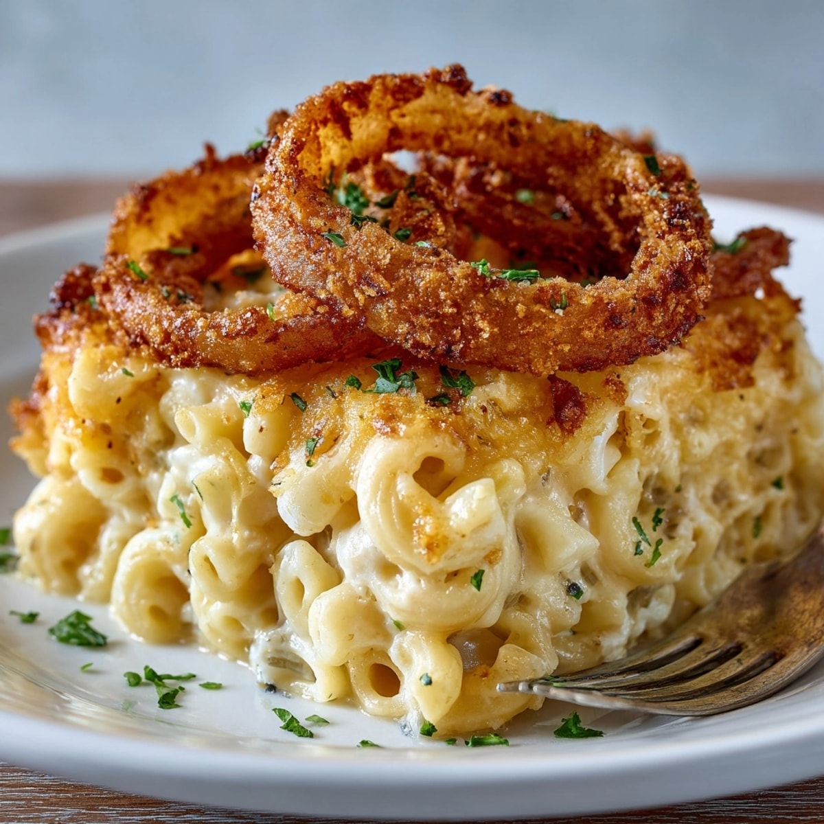 Golden macaroni bake with crispy onion rings, bubbling cheese, and fresh parsley topping.