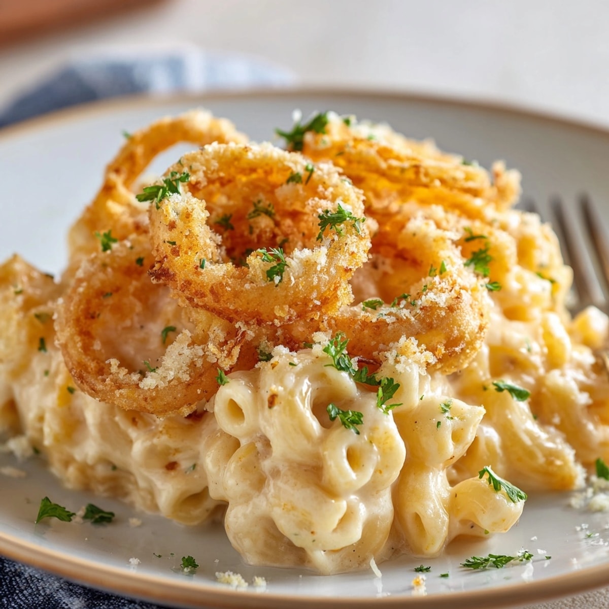 Macaroni bake with crispy onion rings served hot and cheesy in a rustic casserole dish.