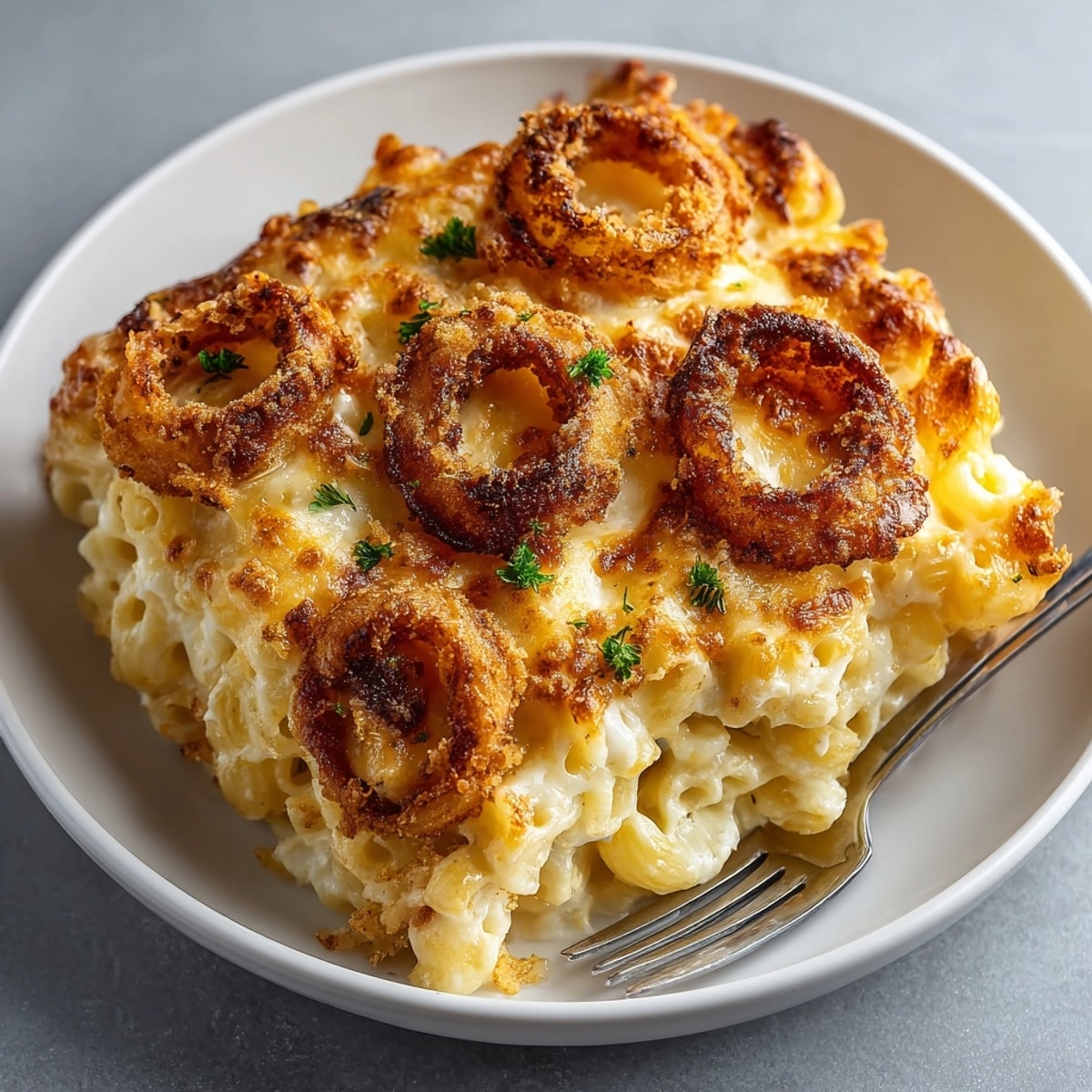 Hearty macaroni bake topped with crunchy onion rings, perfect for a cozy family dinner.