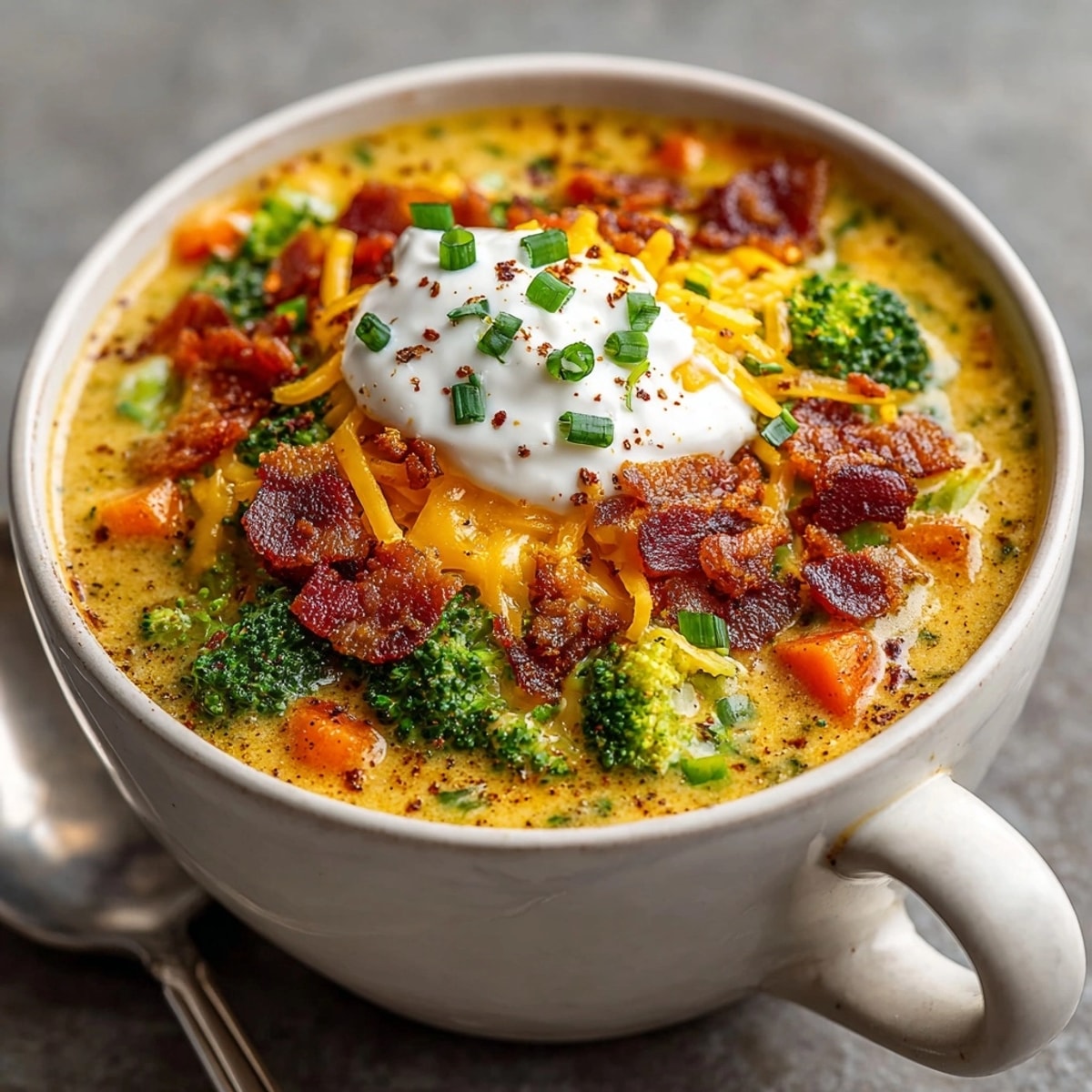 Loaded Broccoli Cheddar Soup topped with crispy bacon, sour cream, and bright green onions.
