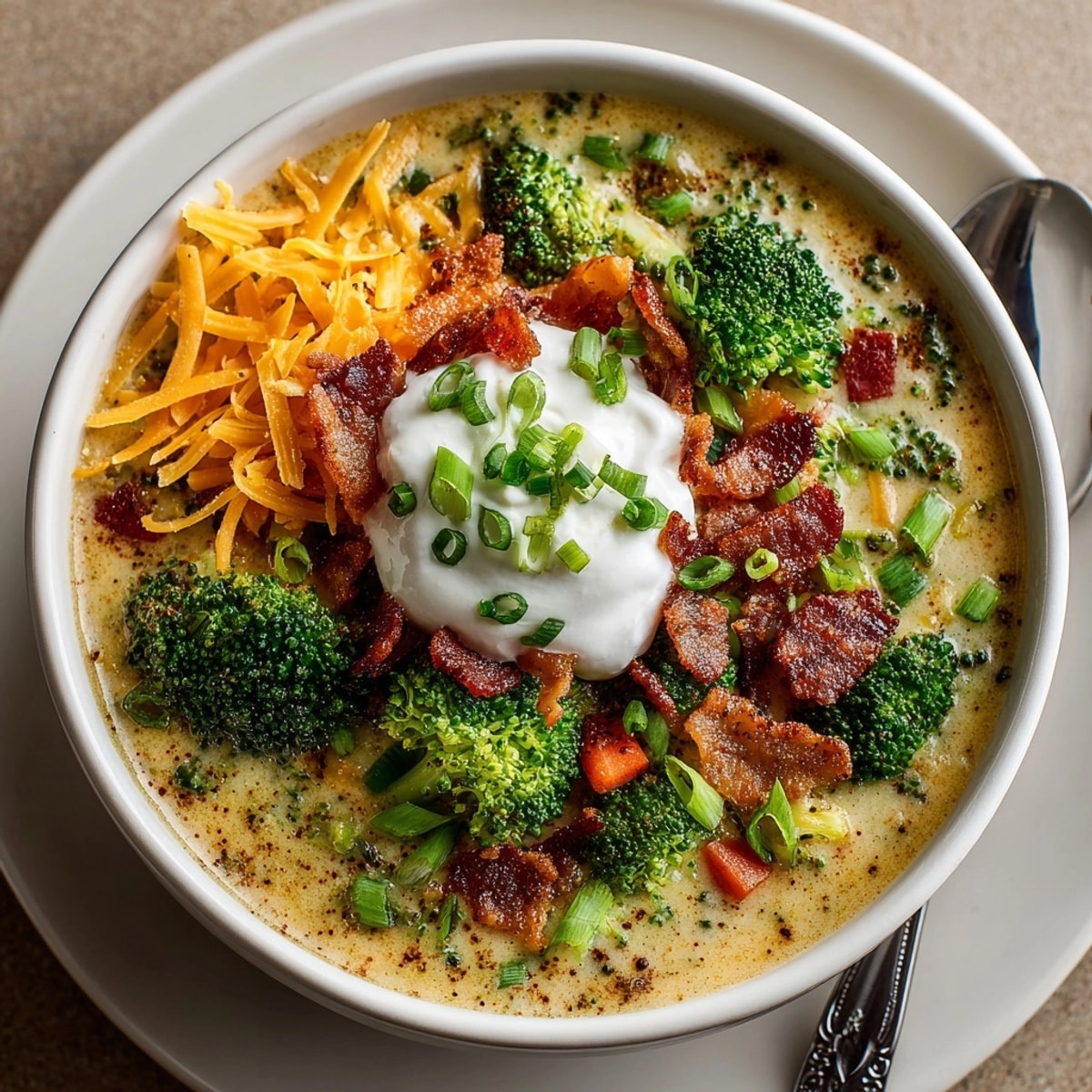 Rich, creamy loaded broccoli cheddar soup served in a rustic bowl beside crusty bread.