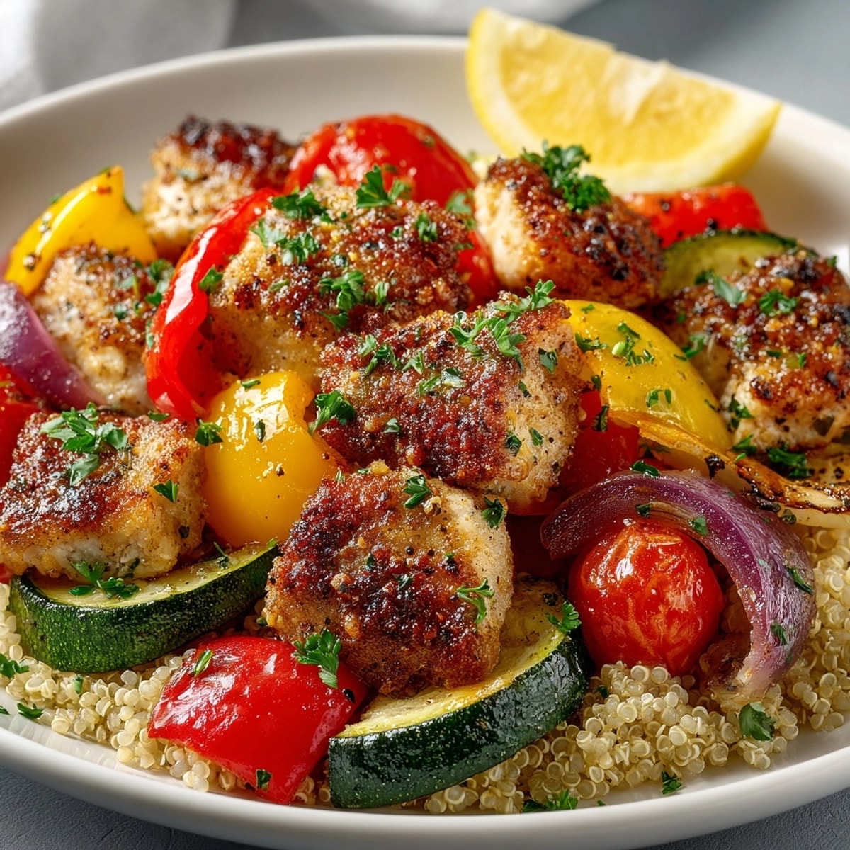 Colorful Zesty Chicken & Quinoa Sheet Pan Lunches with roasted veggies and fresh parsley garnish