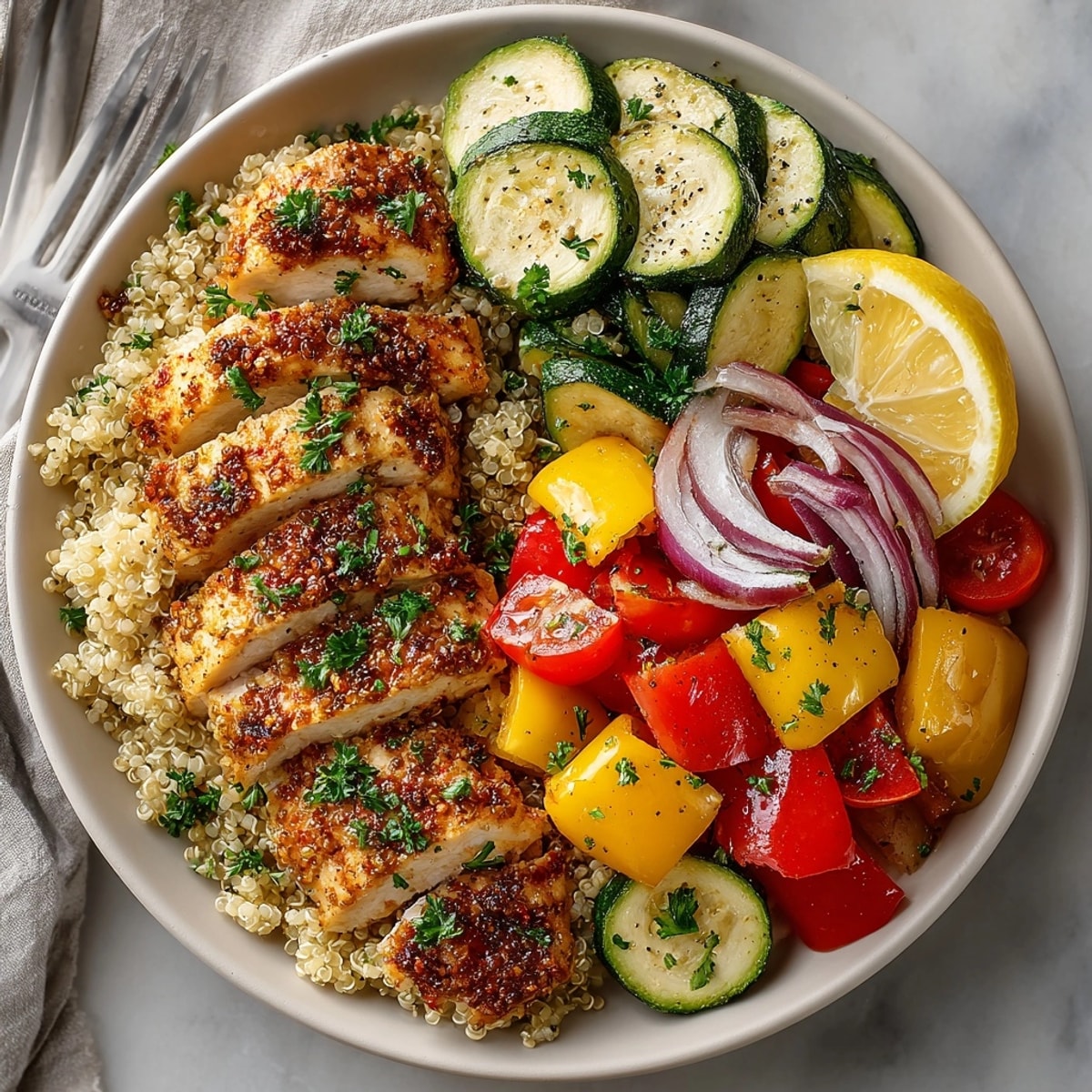 Warm Zesty Chicken & Quinoa Sheet Pan Lunches served with lemon wedges for a wholesome lunch