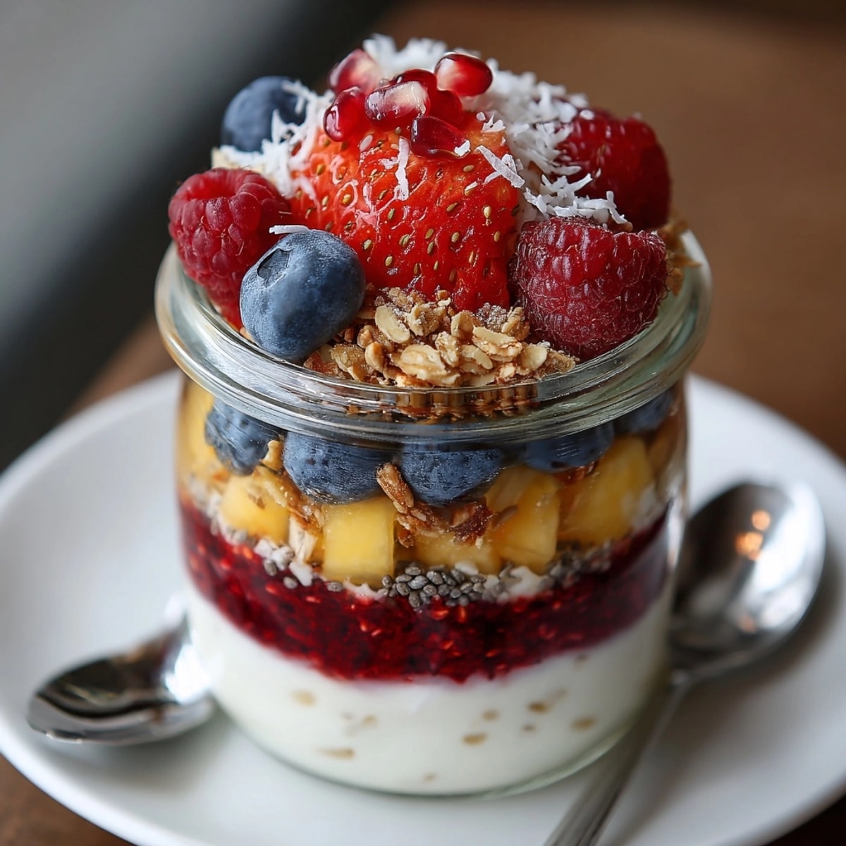 Colorful Greek Yogurt Superfood Smoothie Jars layered with berries, granola, and seeds in glass jars.
