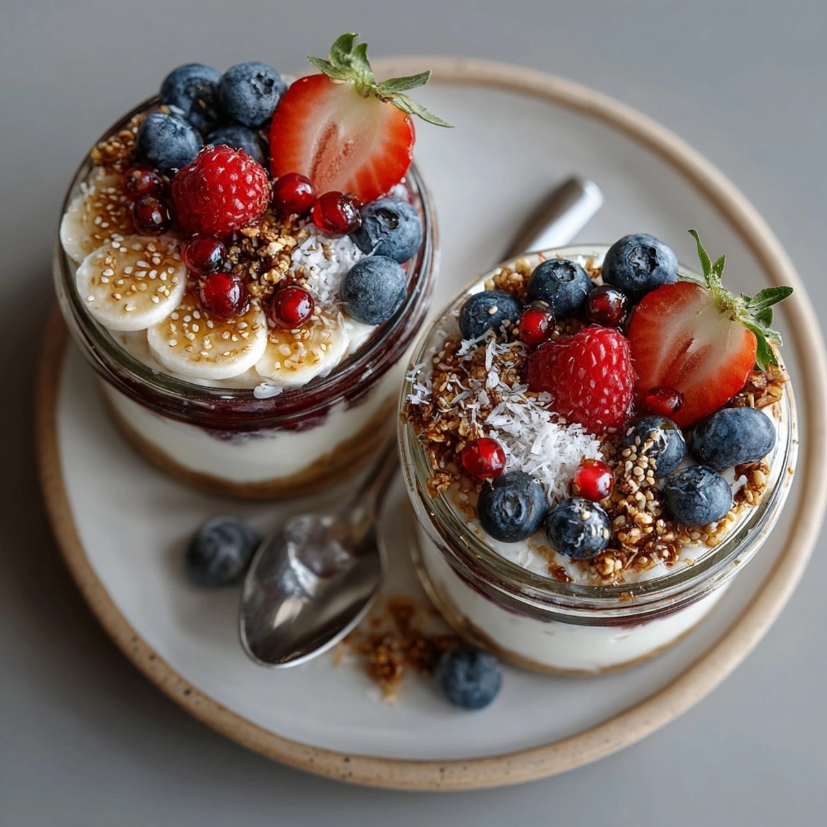 Closeup of Greek Yogurt Superfood Smoothie Jars featuring vibrant superfood layers and naturally sweetened yogurt.