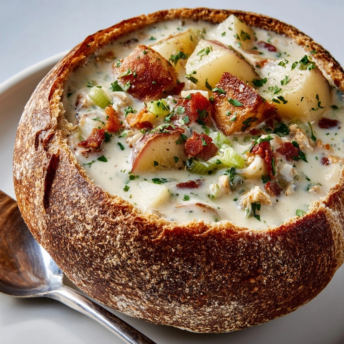 Clam Chowder Sourdough Bread Bowls overflowing with creamy chowder, garnished with fresh parsley and chives.