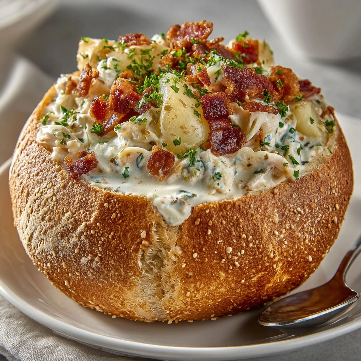 Warm, hearty clam chowder sourdough bread bowls on a rustic table, ready to serve.