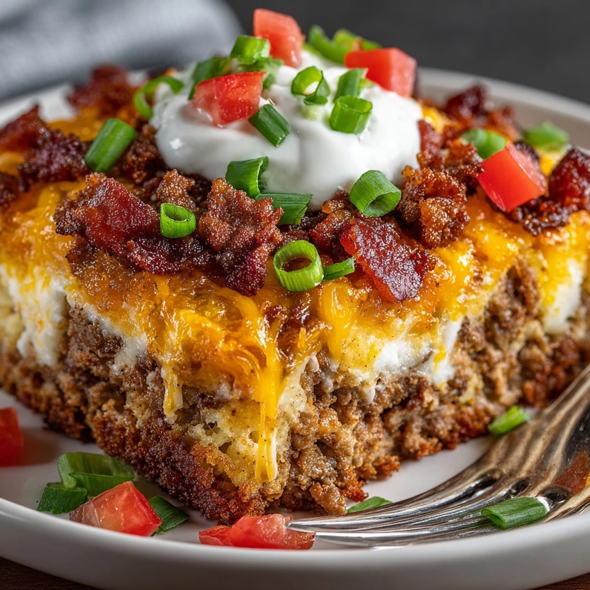 Pickle Fix Bacon Cheeseburger Casserole fresh from the oven, golden cheese bubbling on top.