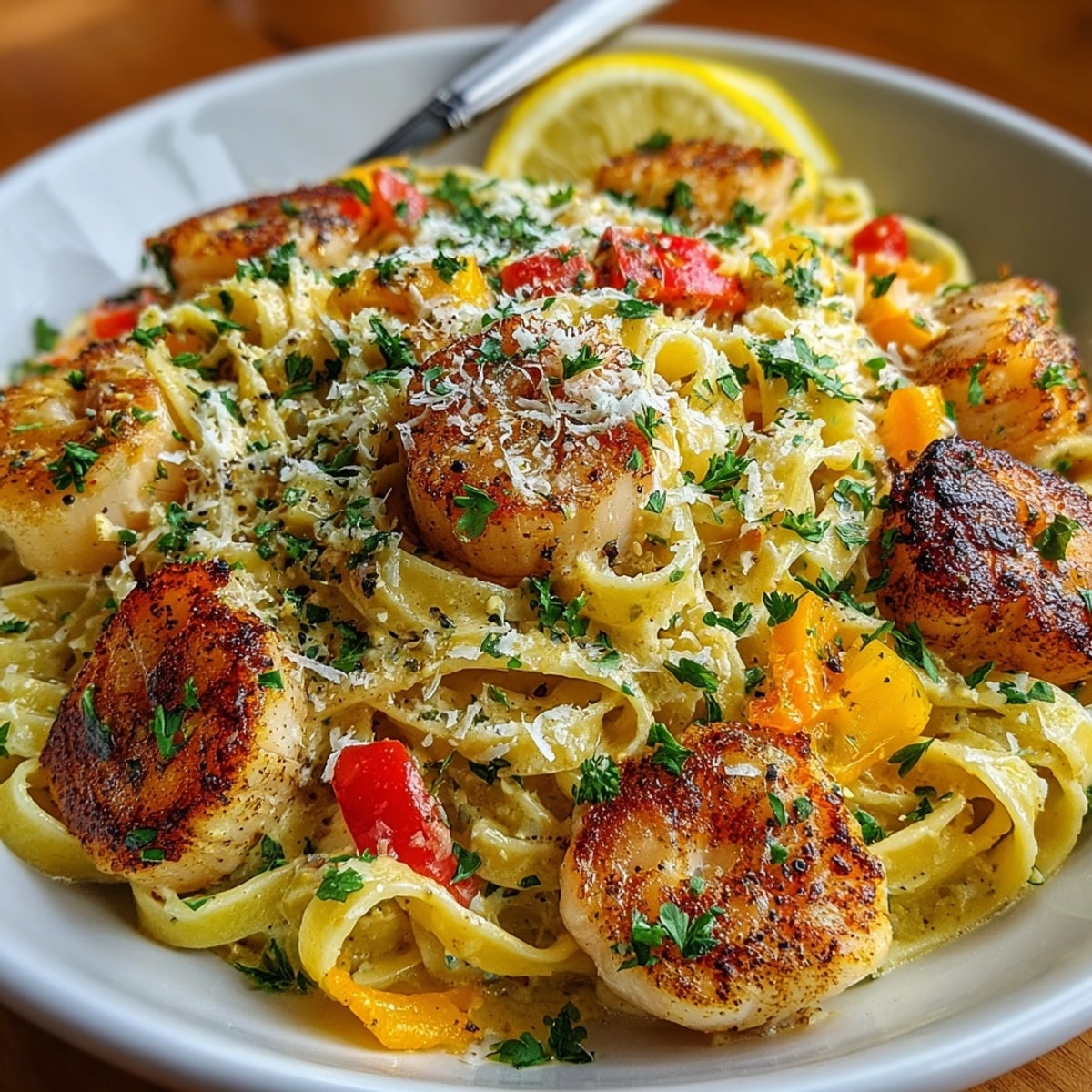 Creamy Cajun Seafood Pasta plated with shrimp and scallops in a luscious, spicy cream sauce.