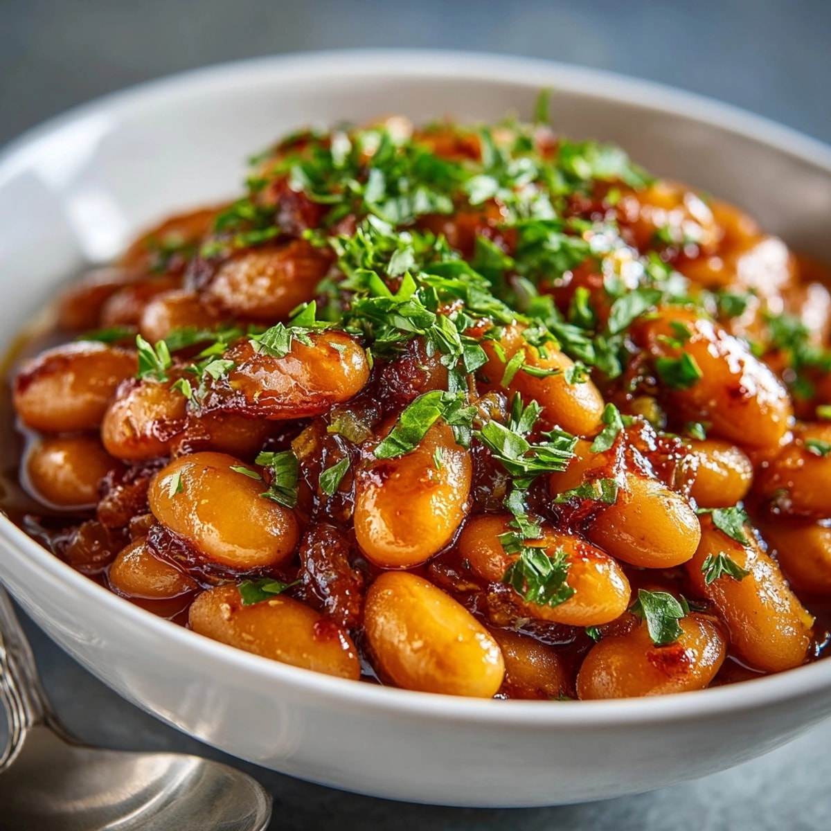 Maple Butter Baked Beans served warm in a rustic dish, topped with fresh parsley