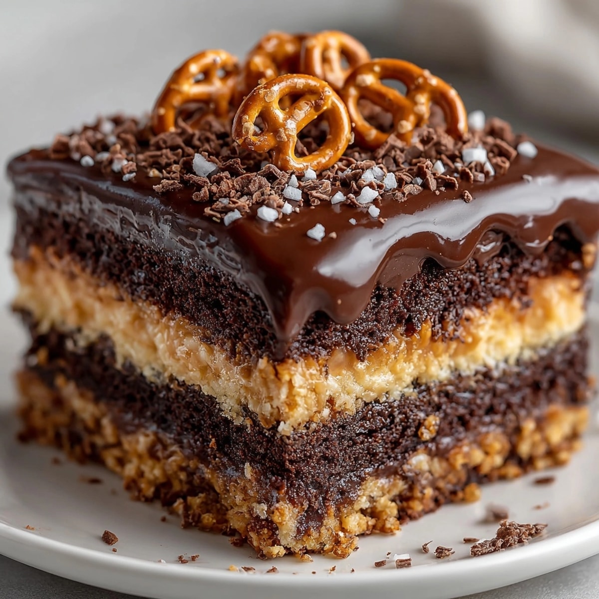 Chocolate-Dipped Pretzel Sheet Cake with shiny ganache and crunchy pretzel topping, ready to serve