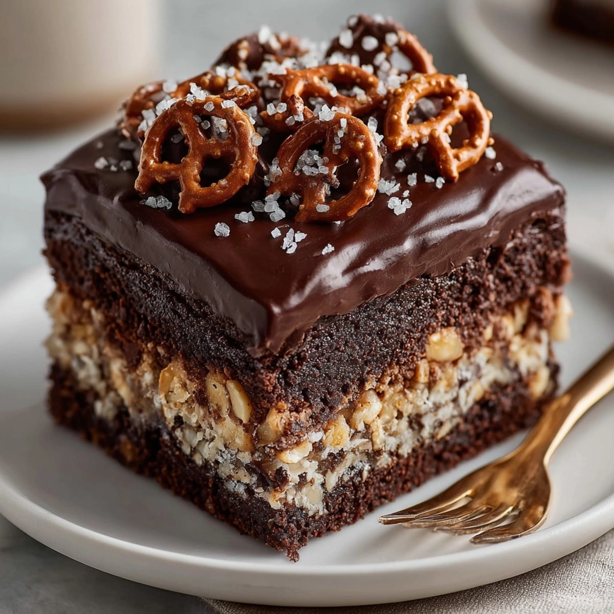 Rich Chocolate-Dipped Pretzel Sheet Cake sliced for sharing, showcasing salty-sweet layers and textures