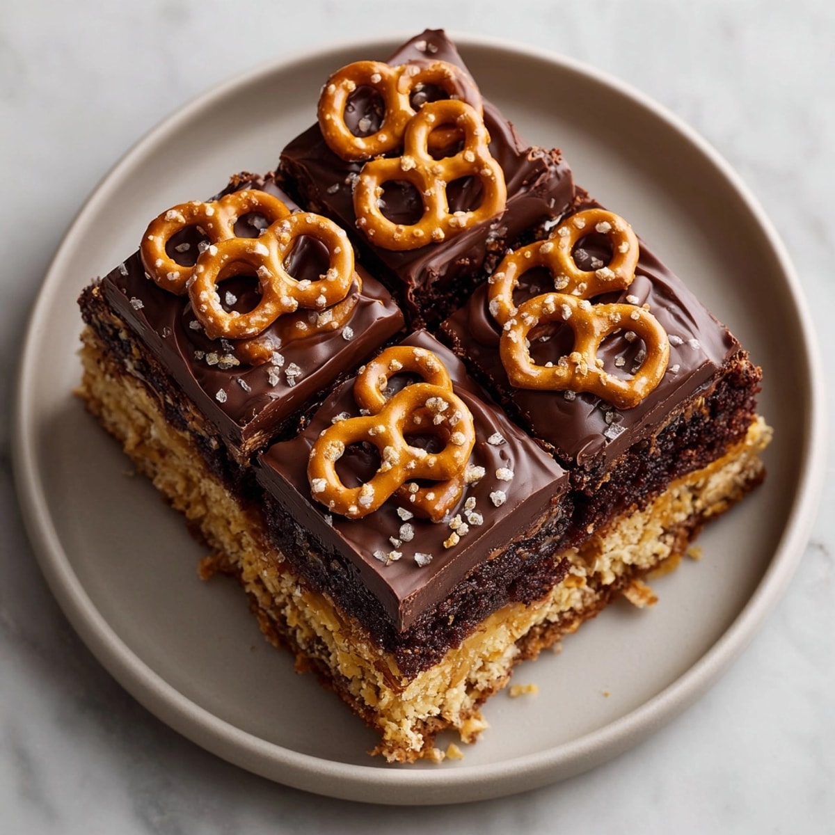 Moist Chocolate-Dipped Pretzel Sheet Cake on a platter with glossy chocolate and salted pretzel garnish