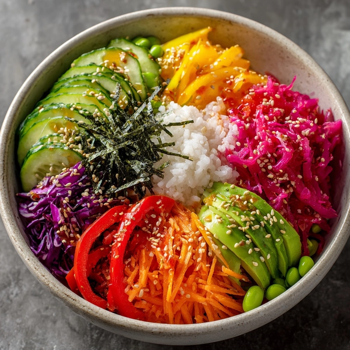 Rainbow Veggie Sushi Bowls with colorful sliced vegetables, creamy avocado, and sesame seeds in a white bowl
