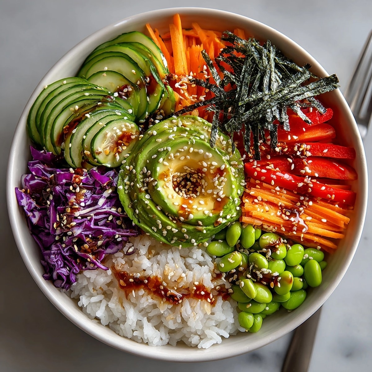 Fresh Rainbow Veggie Sushi Bowls featuring seasoned rice, crisp vegetables, and tangy dressing ready to enjoy