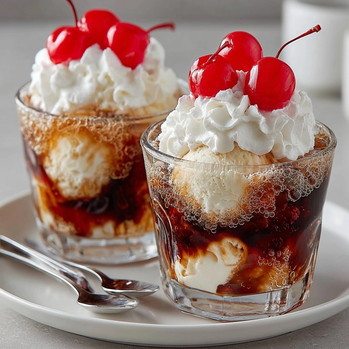Mini Rebel Float root beer floats with creamy vanilla ice cream overflowing in tiny glasses.