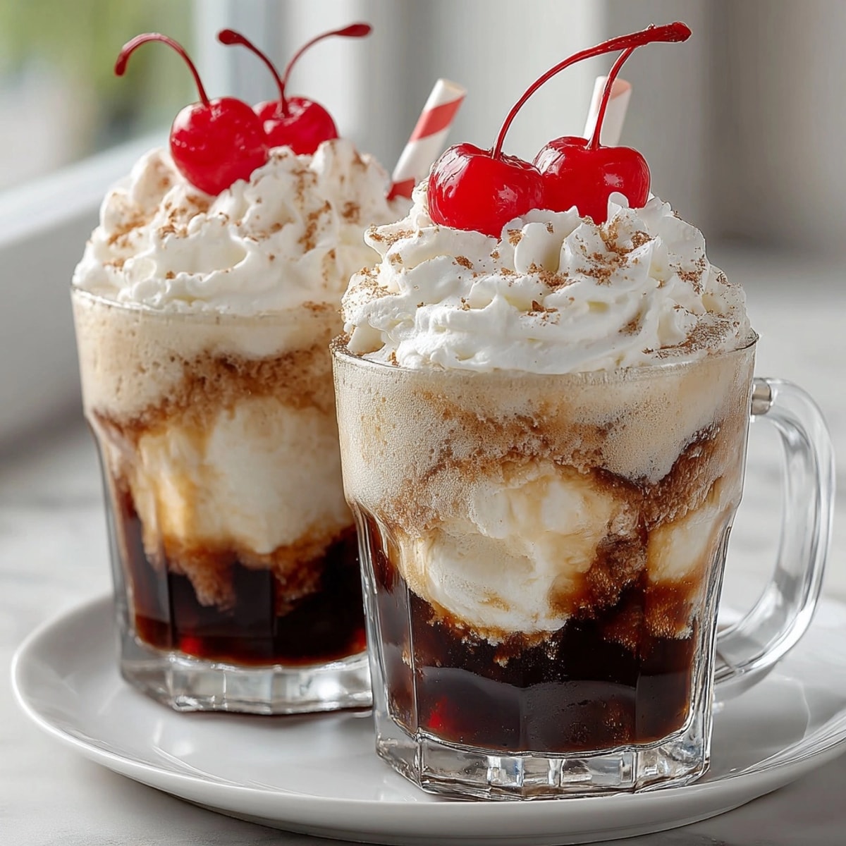 Close-up of Rebel Float mini root beer floats, topped with whipped cream and cherries.