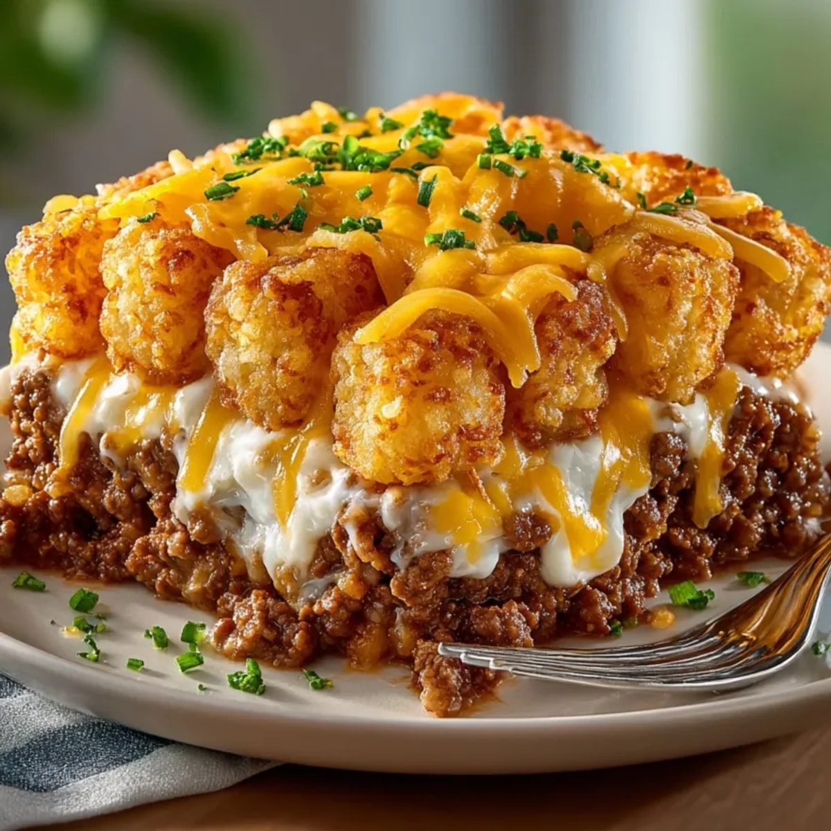Beef & Cheddar Tater Tot Bake bubbling with melted cheese, crispy tots layered on top.