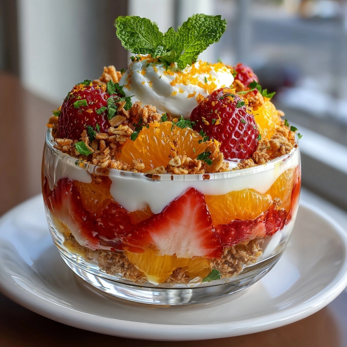 Sunrise Citrus & Strawberry Parfait Bowls with creamy yogurt, fresh fruit, and crunchy granola.