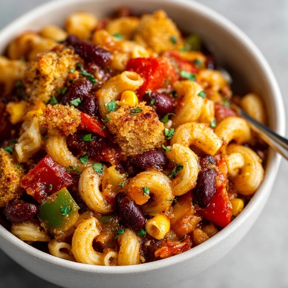 Veggie Chili Mac with Cornbread Crumbles served in a bowl, vibrant vegetables and golden topping visible.