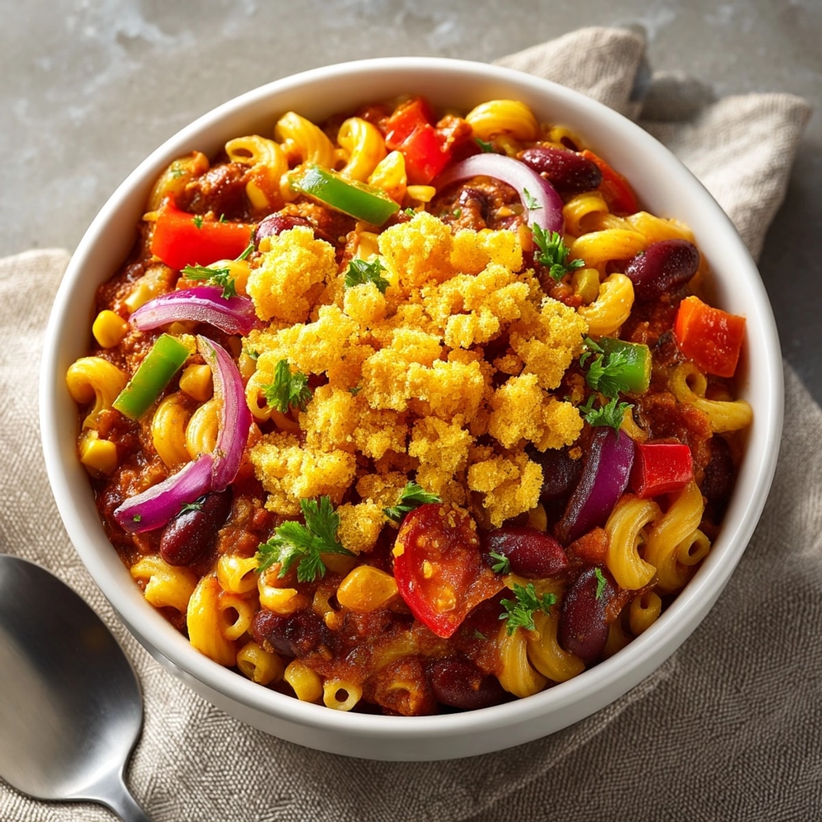 Hearty Veggie Chili Mac with Cornbread Crumbles, steaming and ready to enjoy, topped generously for crunch.