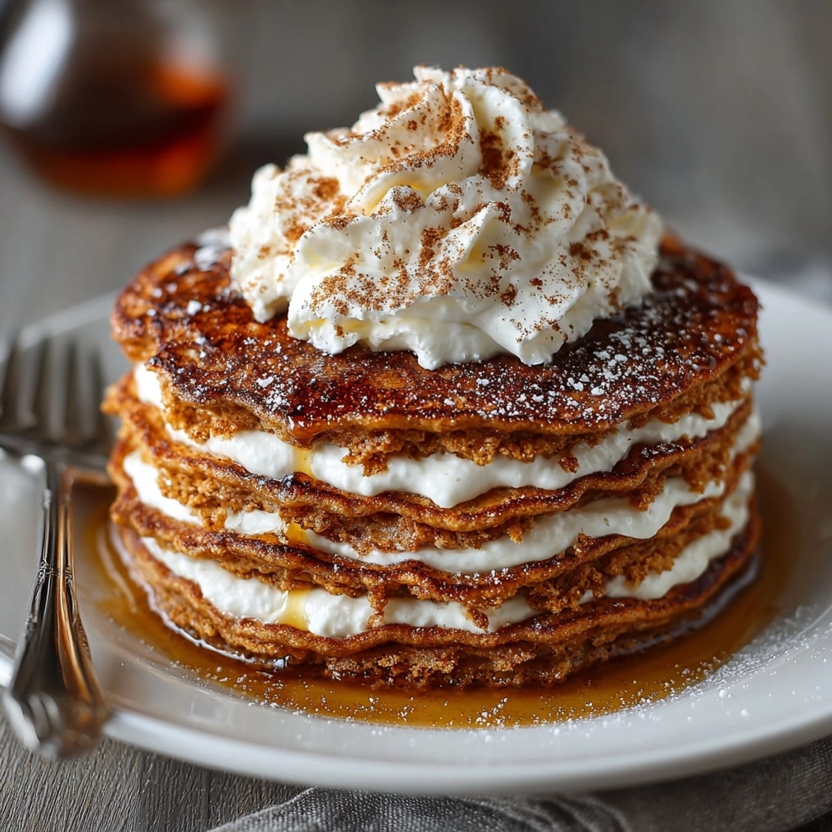 Fluffy gingerbread pancake stack topped with maple whipped cream and powdered sugar dusting