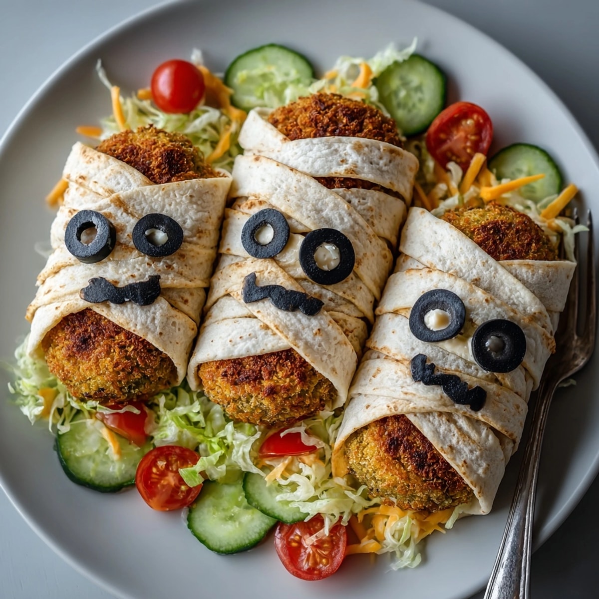 Crispy Mummy Falafel Wraps, showing baked tortilla strips as spooky bandages on falafel.