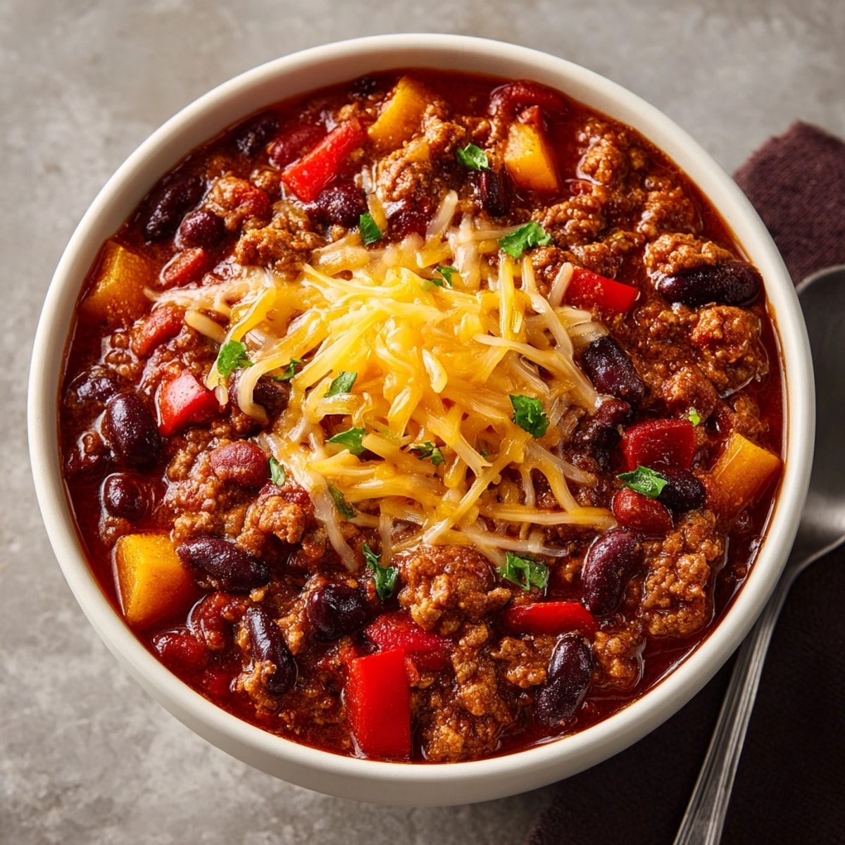 A steaming bowl of Pumpkin Chili, topped with broiled cheddar web design.