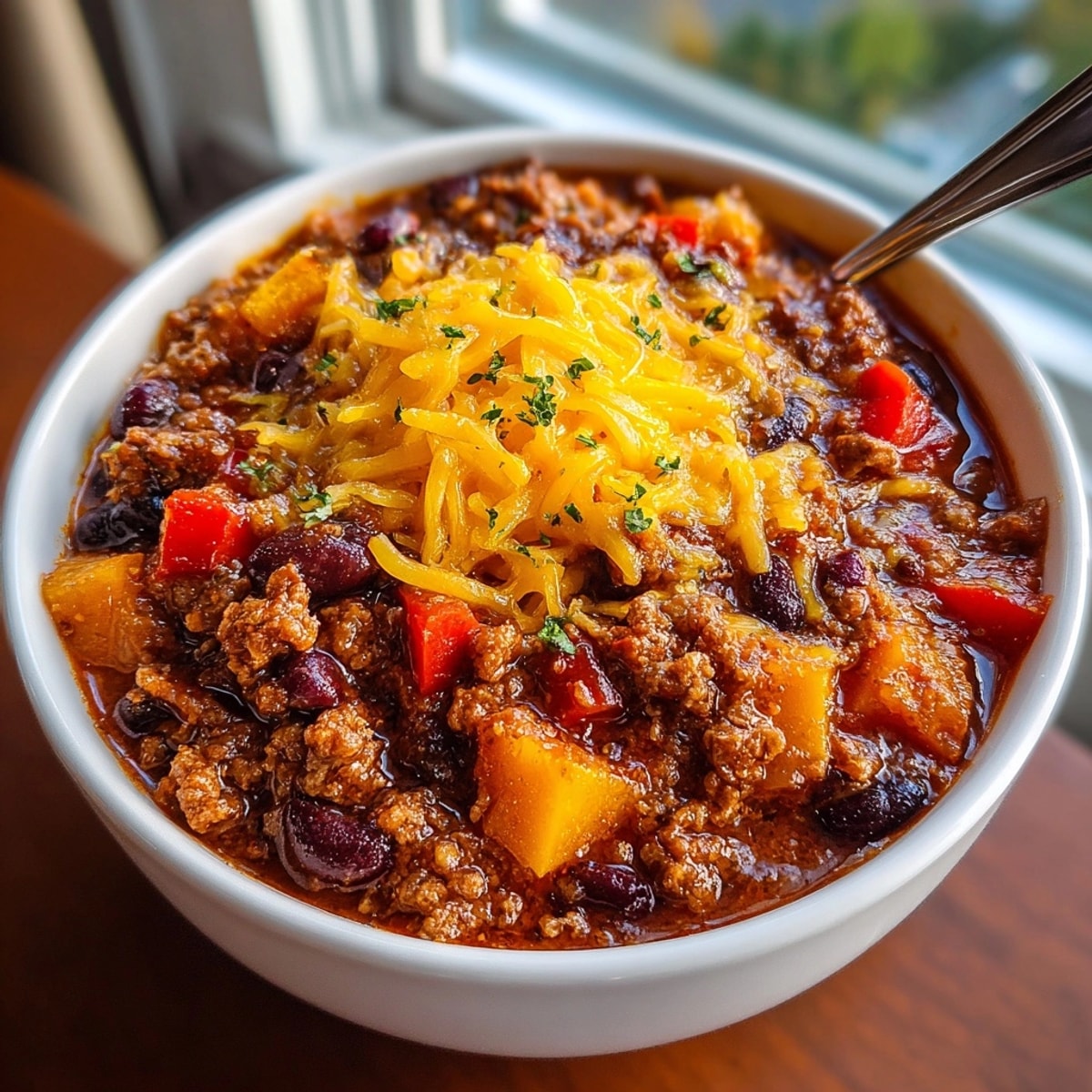 Close-up of flavorful Pumpkin Chili with a spiderweb of melted cheddar cheese.